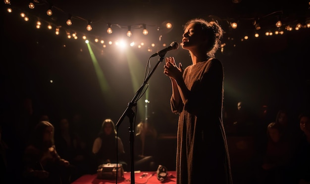 Una donna canta al microfono davanti a un palco con un palco illuminato sullo sfondo.