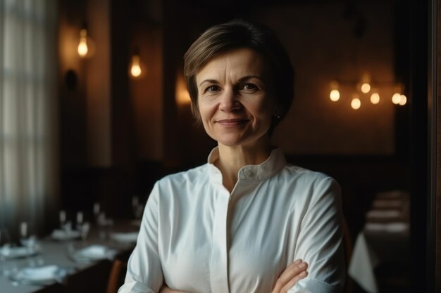 Una donna caucasica di mezza età in piedi a casa nella sala da pranzo o ristorante sorriso felice conf