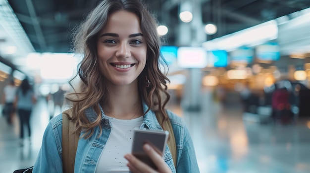 Una donna caucasica in un terminal aeroportuale aspetta con impazienza il suo volo mentre usa felicemente il suo dispositivo mobile per controllare online la sua destinazione di viaggio indossando un sorriso nell'hub della compagnia aerea