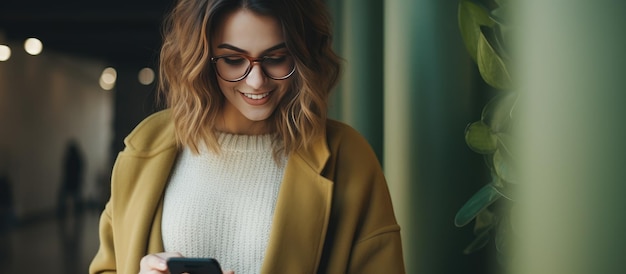 Una donna caucasica sorride mentre invia un messaggio sul suo smartphone davanti a uno sfondo promozionale Lei è una ragazza alla moda positiva che blogga su s