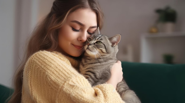 Una donna che abbraccia un gatto su un divano