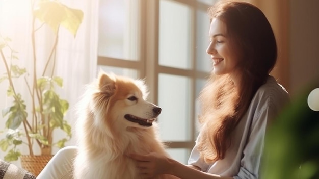 una donna che accarezza un cane con le parole su di esso