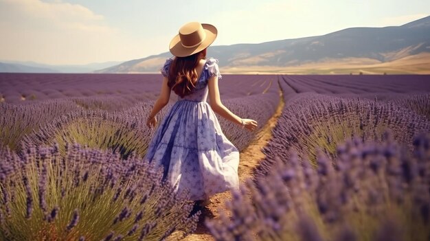 una donna che allunga la mano verso il campo di lavanda con un vestito carino e una bellissima vista