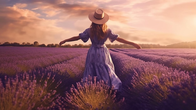 una donna che allunga la mano verso il campo di lavanda con un vestito carino e una bellissima vista