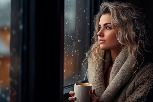 una donna che assapora il suo caffè mentre guarda fuori dalla finestra AI generativa