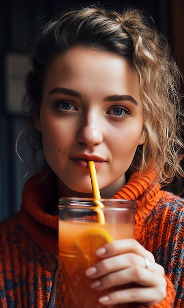 Una donna che beve un bicchiere di succo d'arancia AI generato AI generativo AI generativ