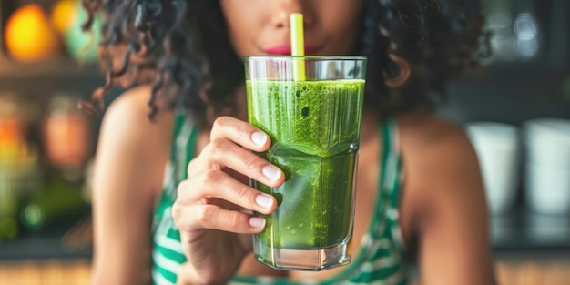 Una donna che beve un frullato verde fatto con cavolo di spinaci e frutta