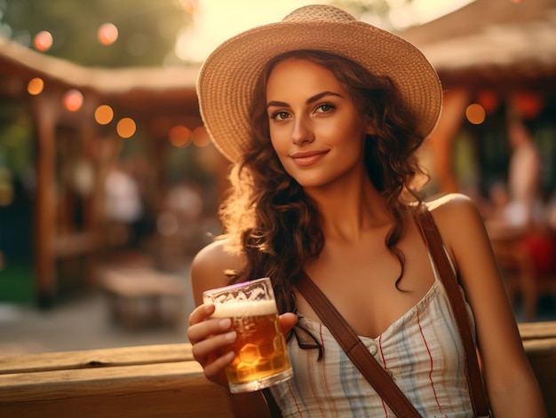 Una donna che beve una birra in estate