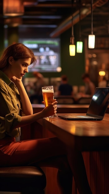 una donna che beve una pinta di birra in un bar con un computer portatile sul tavolo.