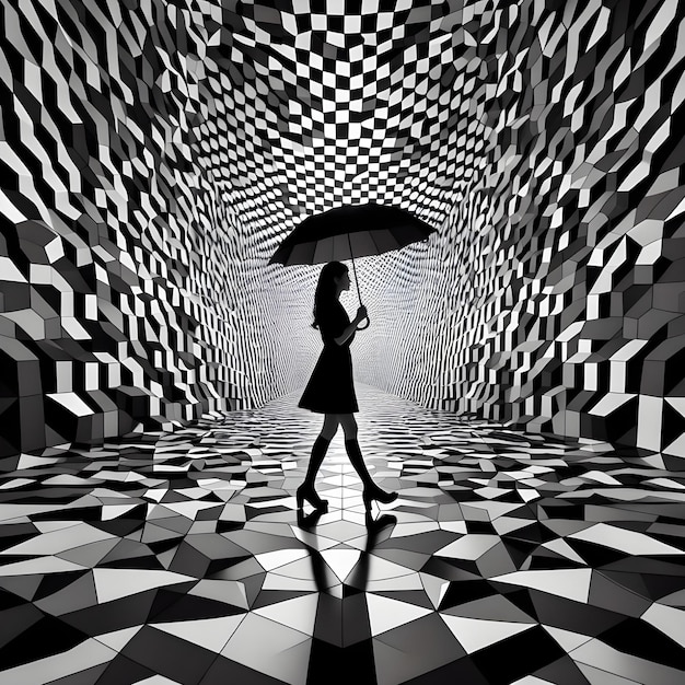 una donna che cammina con un ombrello in bianco e nero nello stile delle strutture geometriche