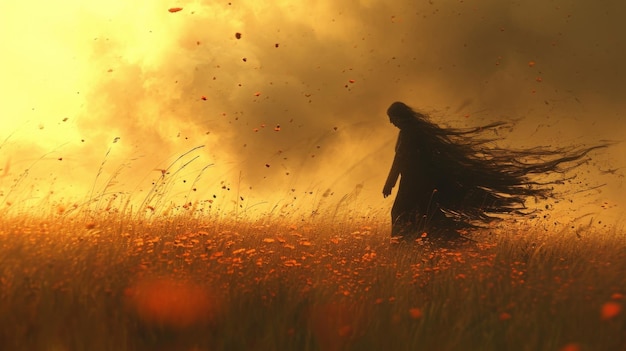 Una donna che cammina in un campo con i capelli che soffiano al vento