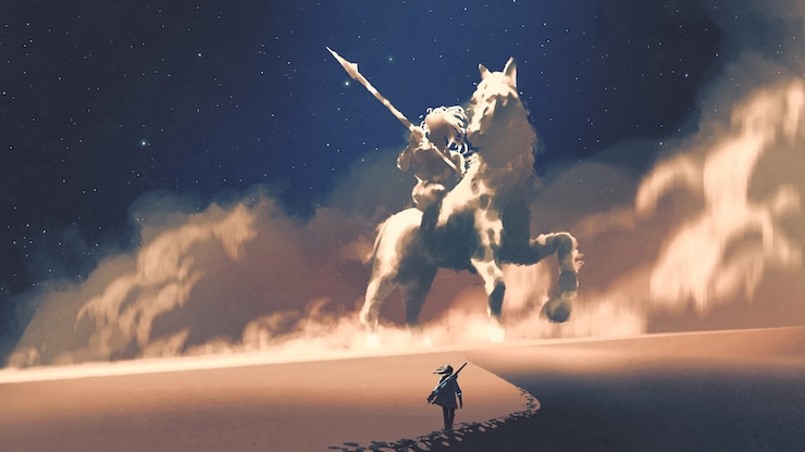 Foto una donna che cammina in un deserto verso la gigantesca tempesta a forma di cavaliere, stile arte digitale, pittura illustrativa