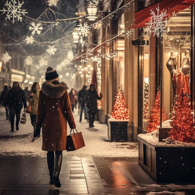 una donna che cammina lungo una strada innevata portando borse da shopping