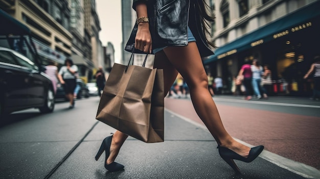 Una donna che cammina per strada con una borsa della spesa