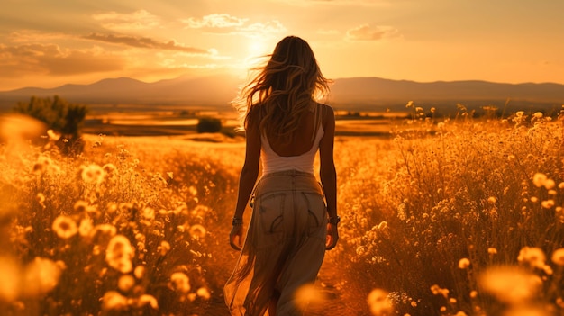 Una donna che cammina su una strada deserta in un bellissimo campo con il tramonto nel cielo