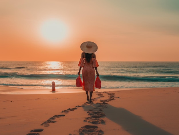 una donna che cammina sulla spiaggia al tramonto