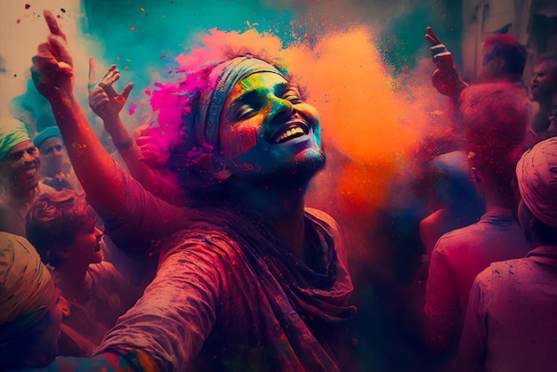 Una donna che celebra l'holi in un festival colorato