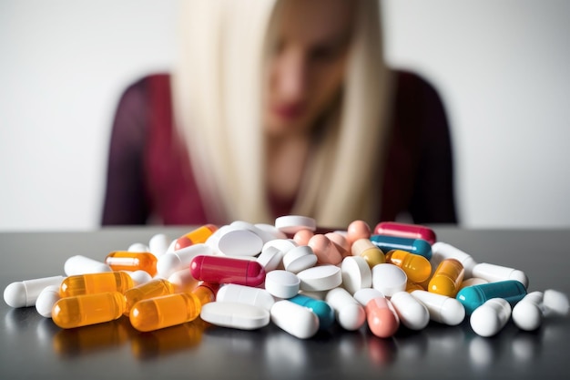 Una donna che contempla un mucchio di pillole sullo sfondo sfocato davanti