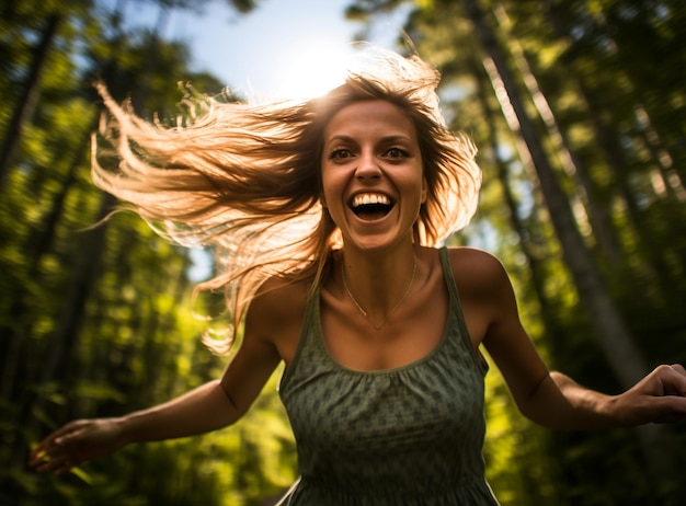 Una donna che corre attraverso una foresta il suo viso pieno di gioia ed euforia immagini di salute mentale illustrazione fotorealistica