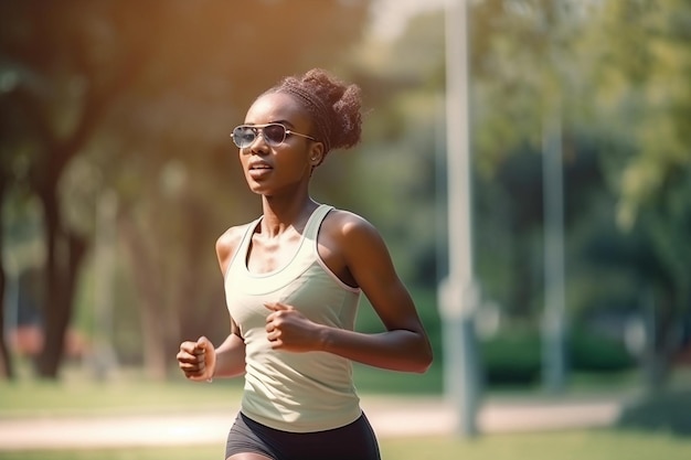 Una donna che corre in un parco indossando occhiali da sole