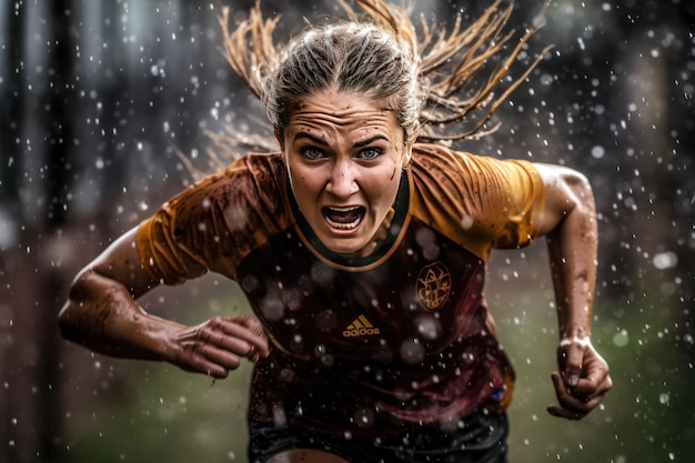 Una donna che corre in una festa di calcio