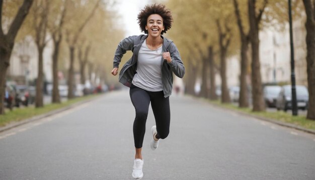 una donna che corre lungo una strada con una giacca sulla schiena