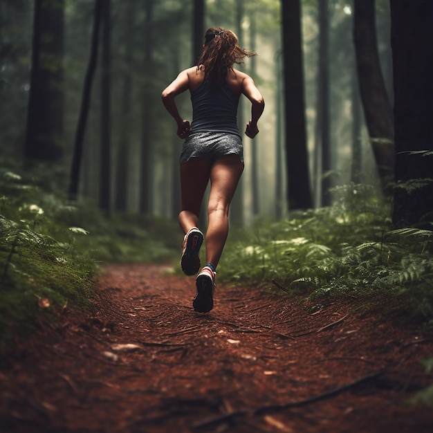 una donna che corre nella foresta con una maglietta da corsa.