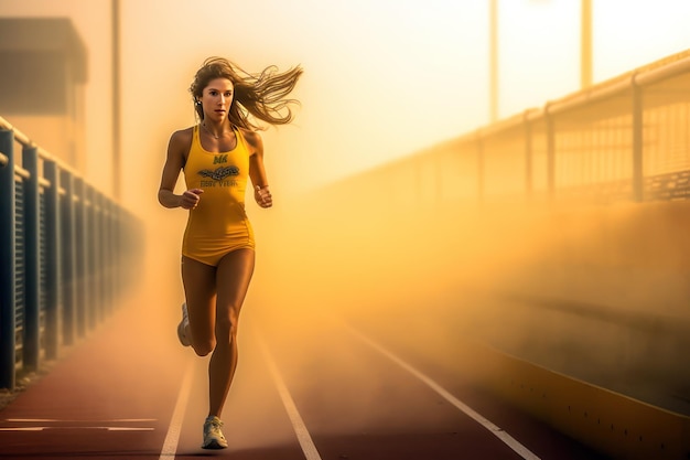 Una donna che corre su una pista con il sole che splende dietro di lei