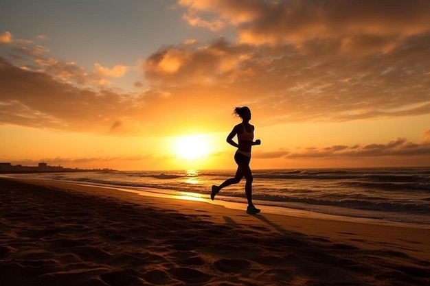 una donna che corre su una spiaggia con il sole che tramonta dietro di lei.