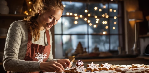 Una donna che cucina con i tagliatori di biscotti in un caffè.