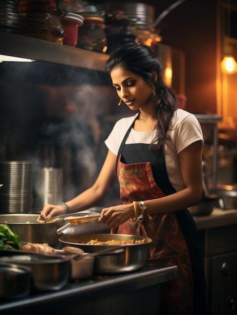 Una donna che cucina in una cucina con un fumatore.