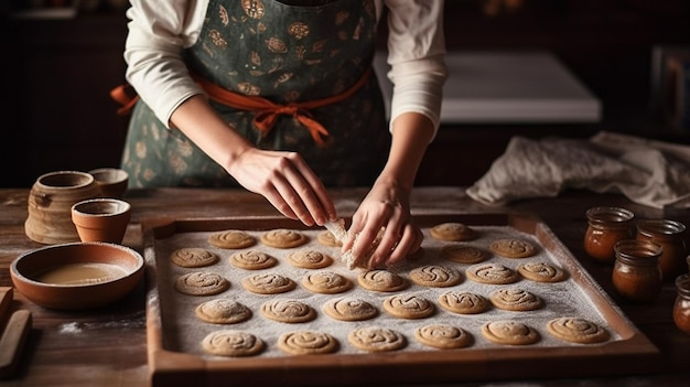 Una donna che cuoce i biscotti su un vassoio