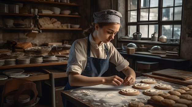 Una donna che cuoce in una panetteria con una finestra dietro di lei