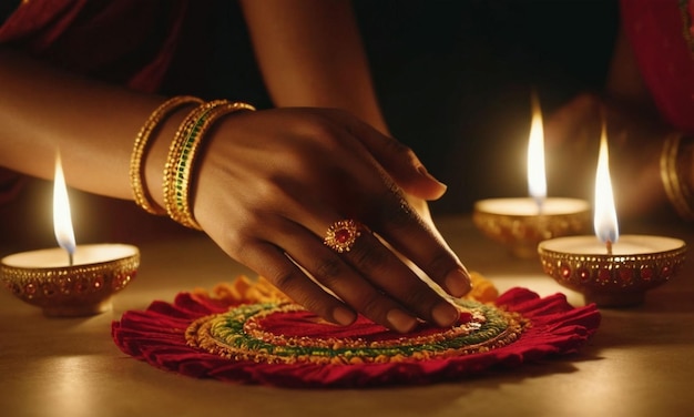 Una donna che decora per la celebrazione di Diwali