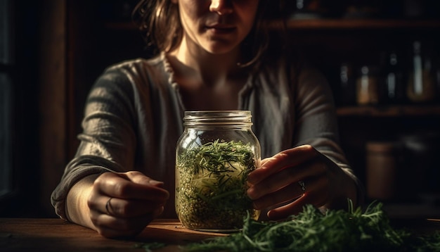 Una donna che detiene una pianta vegetale biologica che lavora nella cucina domestica generata dall'intelligenza artificiale