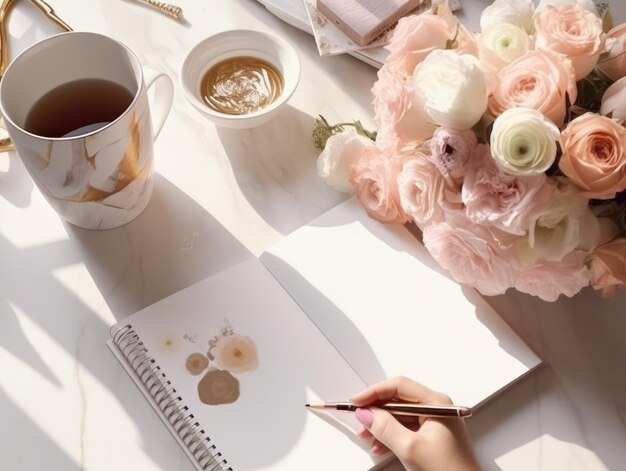 Una donna che disegna un cuore con una tazza di caffè su un tavolo.