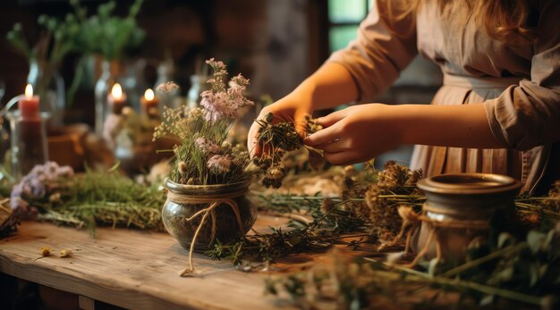 Una donna che dispone i fiori in un workshop