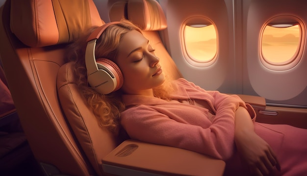 Una donna che dorme in un aereo con le cuffie