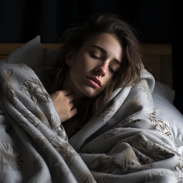 una donna che dorme nel letto avvolta in una coperta