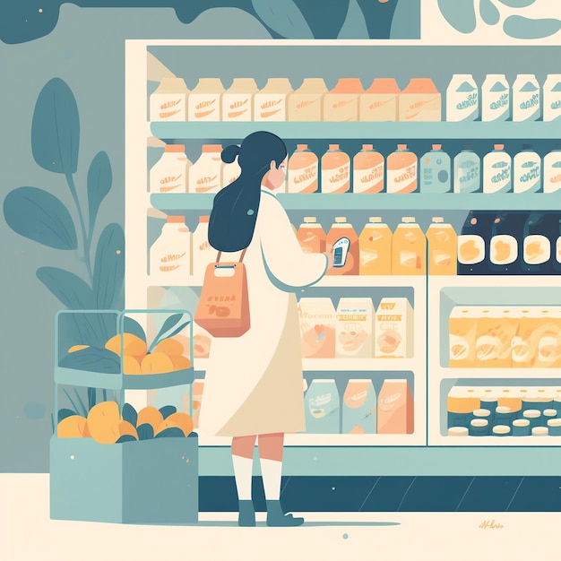 Una donna che fa la spesa in un negozio di alimentari con una bottiglia di latte davanti a sé.
