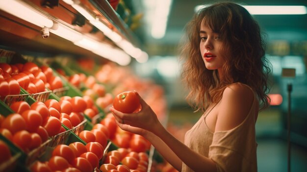 Una donna che fa shopping in un negozio di alimentari con un pomodoro in mano