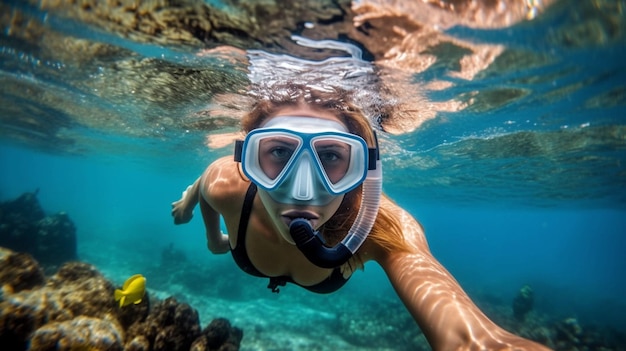 Una donna che fa snorkeling nell'acqua con maschera e boccaglio.