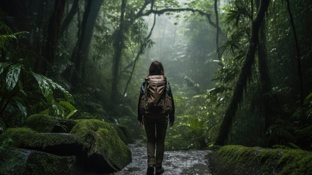 Una donna che fa trekking nella foresta pluviale sotto la pioggia con difficoltà