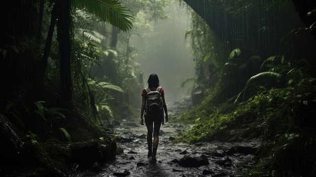 Una donna che fa trekking nella foresta pluviale sotto la pioggia con difficoltà