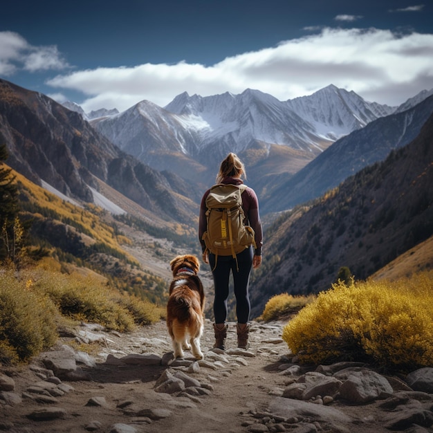 una donna che fa un'escursione sulle montagne della sierra nevada con il suo cane