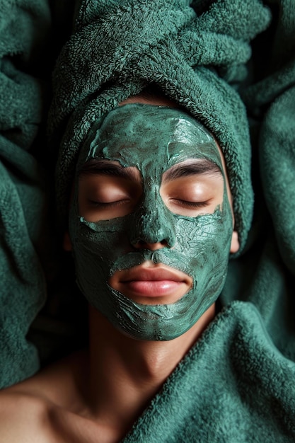 una donna che fa un facial verde alla sua spa nello stile del beige scuro e grigio