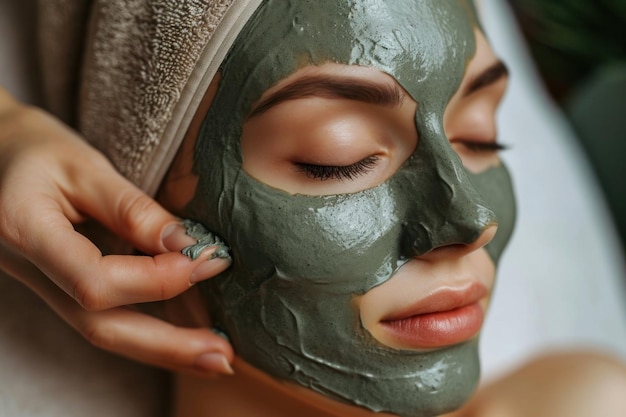 una donna che fa un facial verde alla sua spa nello stile del beige scuro e grigio