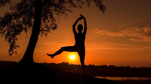 Una donna che fa yoga davanti a un tramonto