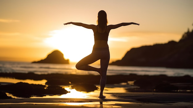 Una donna che fa yoga sulla spiaggia al tramonto