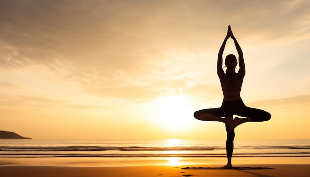 Una donna che fa yoga sulla spiaggia al tramonto